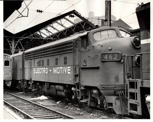 Photograph of EMD F3 462 on testing train at Harrisburg Amtrak Station. 11/28/76