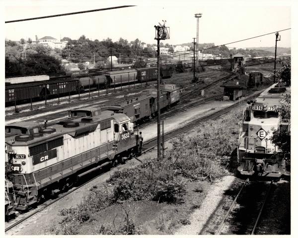Photograph of GP35 3632 and SDP45 3636 at Rutherford Yard. 7/76
