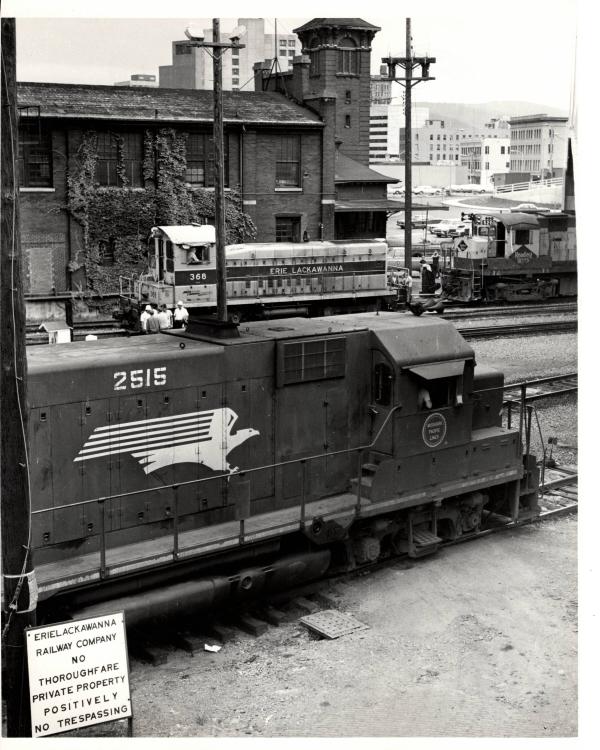 Photograph of leased Missouri Pacific GP35 2515, SW8 368 and an unknown C425 at Binghamton NY. 7/3/76