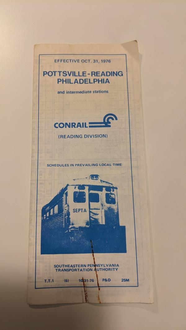 Conrail and SEPTA Schedule - Pottsville, Reading, and Philadelphia - 1976-10-31