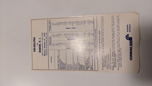 Conrail and SEPTA Schedule - Philadelphia and Newark NJ - 1976-10-31