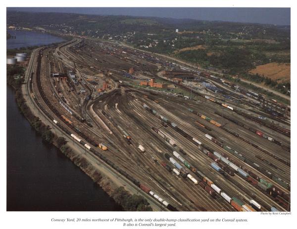 Promotional photo: Conway Yard, 20 miles northwest of Pittsburgh, is the only double-hump classification yard on the Conrail system. It also is Conrail's largest yard.