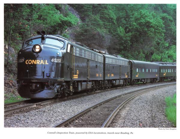 Promotional photo: Conrail's insection train, powered by E8A locomotives, travels near Reading, PA