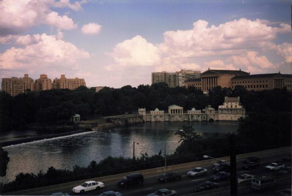 Philadelphia skyline, taken from OCS train on High Line