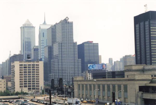 Philadelphia skyline, taken from OCS train on High Line