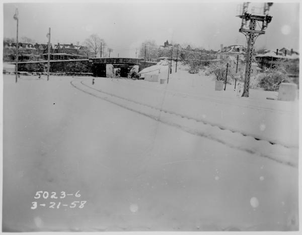 Reading Outer Station in snow, 1958-03-21, photo 3 of 3