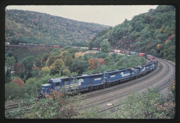 SD45s 6191 and 6185 and GP40 3197 at Horseshoe Curve