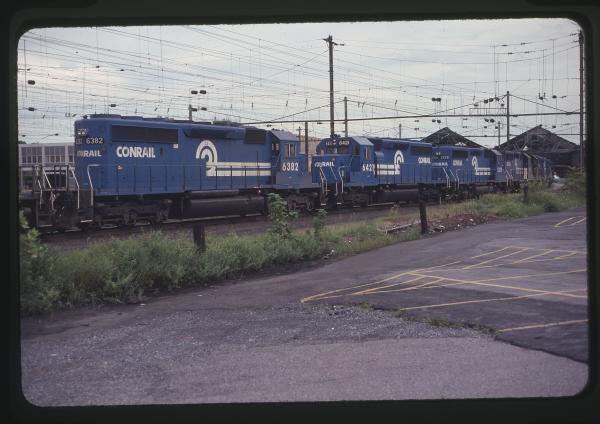 SD40-2s 6382 and 6421 with GP40-2 3338 in Harrisburg, PA
