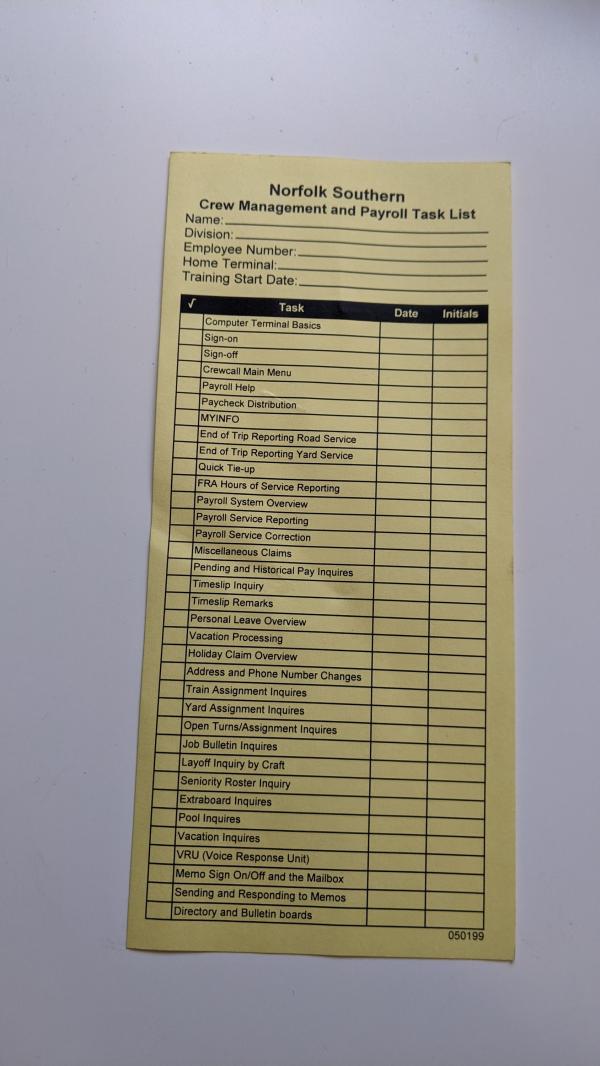 Norfolk Southern Crew Management and Payroll Task List