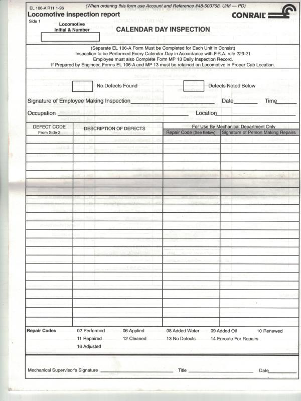 Pad of Engineer's Trip Report (EL 106-A) and Locomotive Inspection Report forms (EL 106-A R11 1-96)
