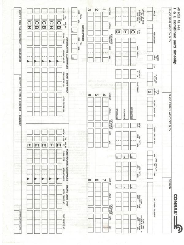 T&E Combined Yard Timeslip AD 8022 R2 4-92