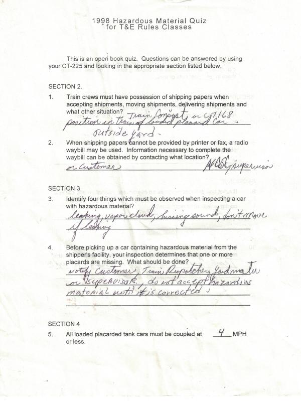 1998 Hazardous Material Quiz for T&E Rules Classes