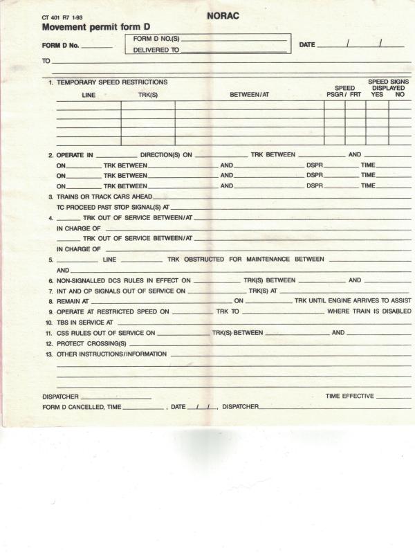 Pad of NORAC Movement permit form D CT 401 R7 1-93