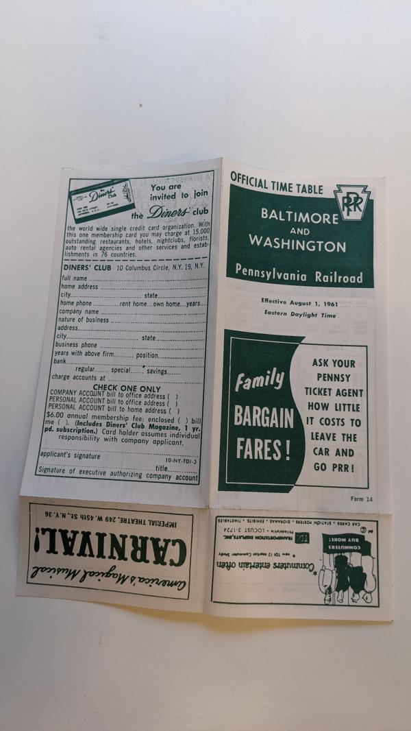PRR Baltimore and Washington Official Time Table Effective August 1, 1961
