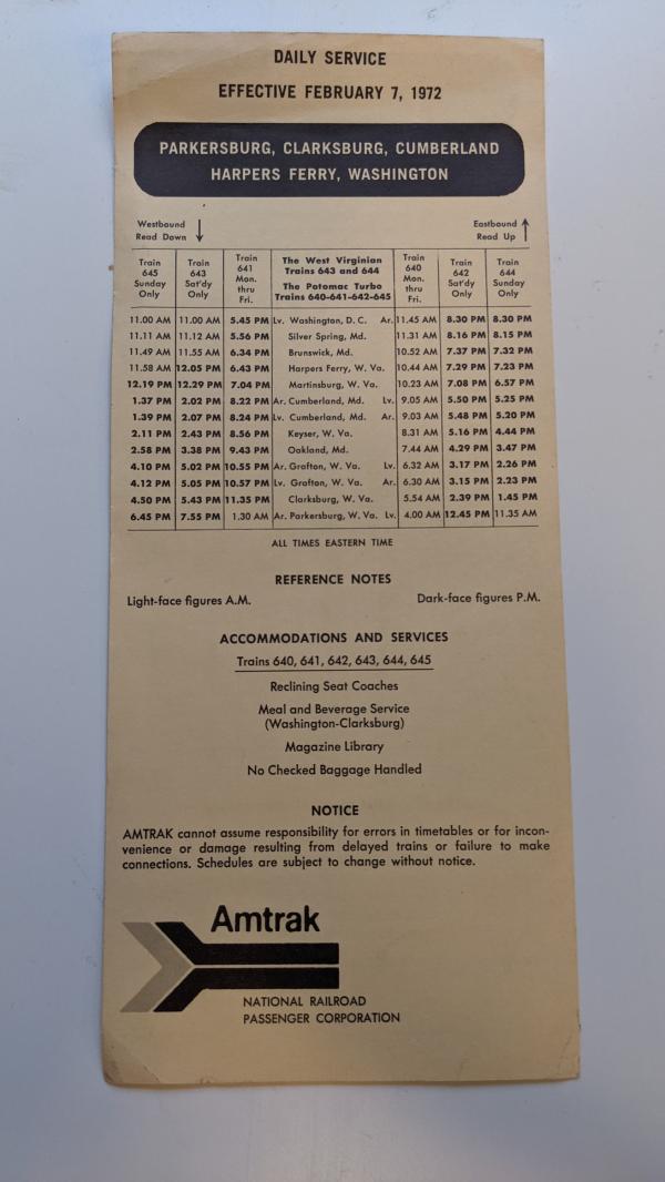 Amtrak Time Table for Trains 640, 641, 642, 643, 644 and 645. Effective February 7, 1972
