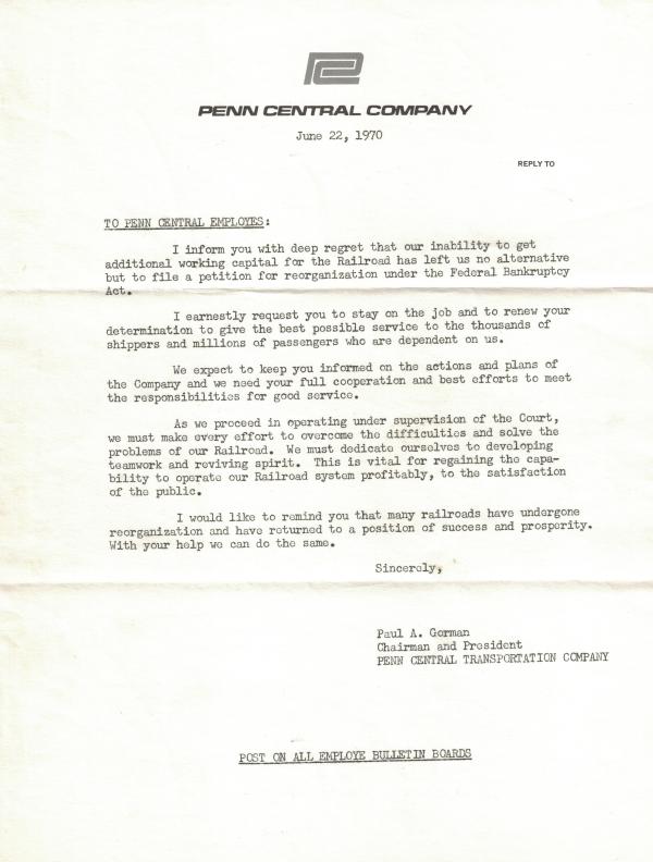 Penn Central Bankruptcy Letter to Employees