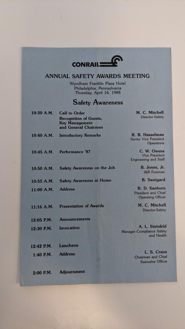 Annual Safety Awards Meeting Program, Thursday April 14 1988, Wyndham Franklin Plaza Hotel, Philadelphia PA