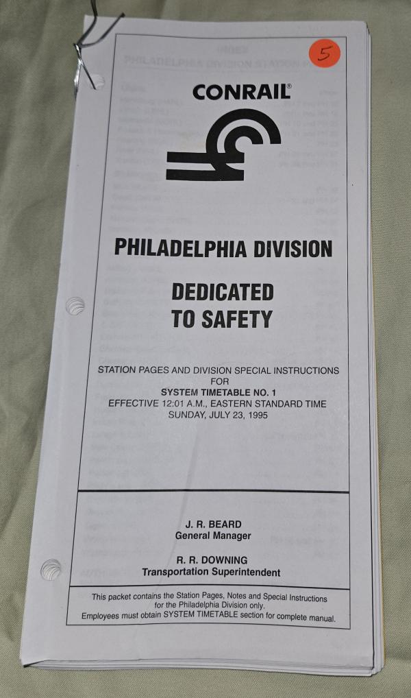 CR System Timetable No. 1, Philadelphia Div. stations & special instructions, 1995-07-23