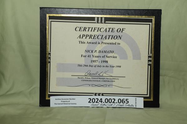 Certificate of Appreciation for 41 Years Service 1957-1998