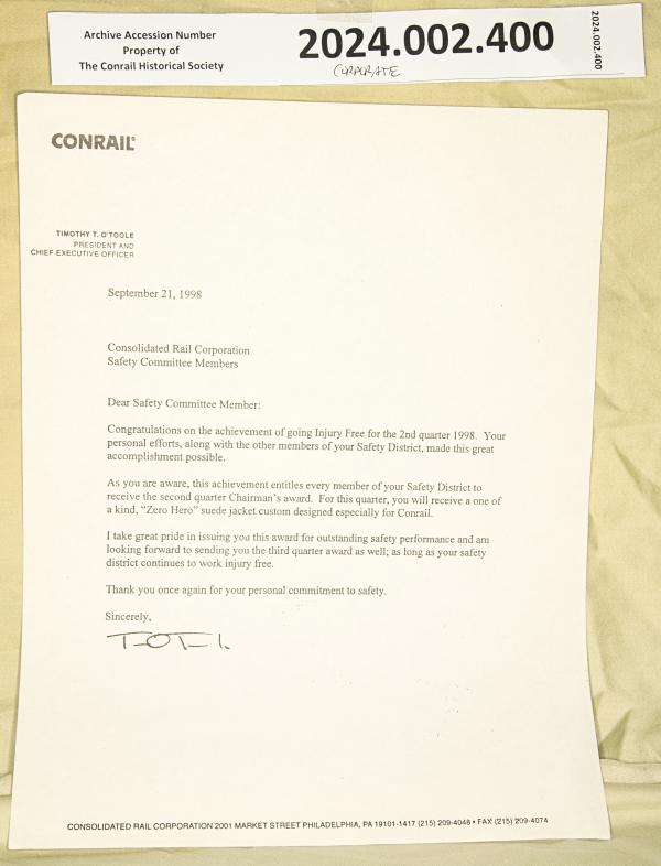 Letter from T.T. O'Toole to CR Safety Committee members, 1998-09-21