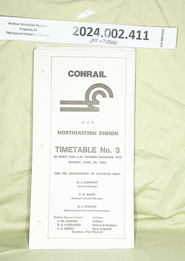 CR Northeastern Region Timetable Number 3, 1984-04-29