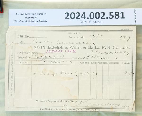 Freight waybill Phila, Wilmington & Baltimore RR Co., Jersey City to Baltimore, 189?