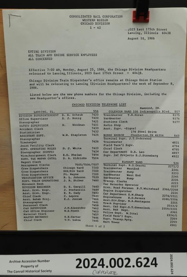 Chicago Division telephone list, 1986-08-18