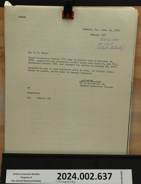 Mechanical Dept. docs and memos for locomotives #7597, 7595, 7593 rebuilt at ICG Paducah Shops