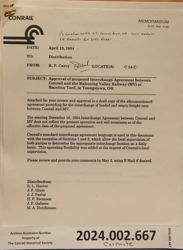 Interchange Agreement Between CR and Mahoning Valley RR, memorandum of 1994-04-13