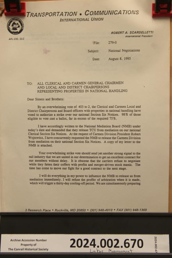 TCU announcement to members: authorization to strike, 1995-08-08