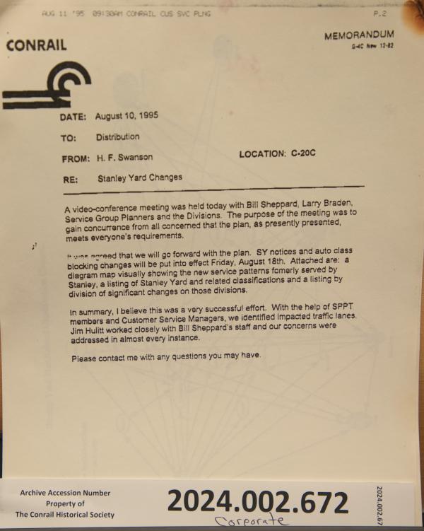 H.F. Swanson memorandum, Stanley Yard changes, 1995-08-10