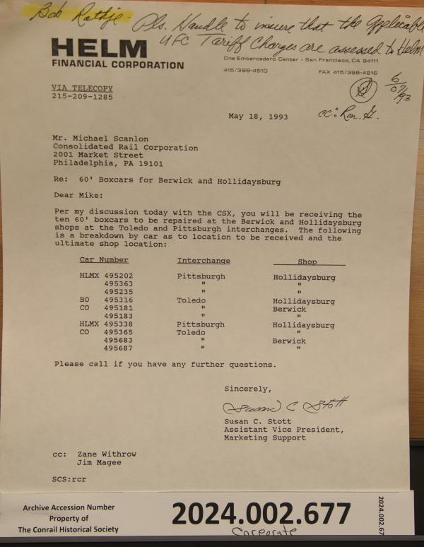 Helm Financial Corp. letter, 1993-05-18, listing 10 boxcars to be repaired at Berwick and Hollidaysburg