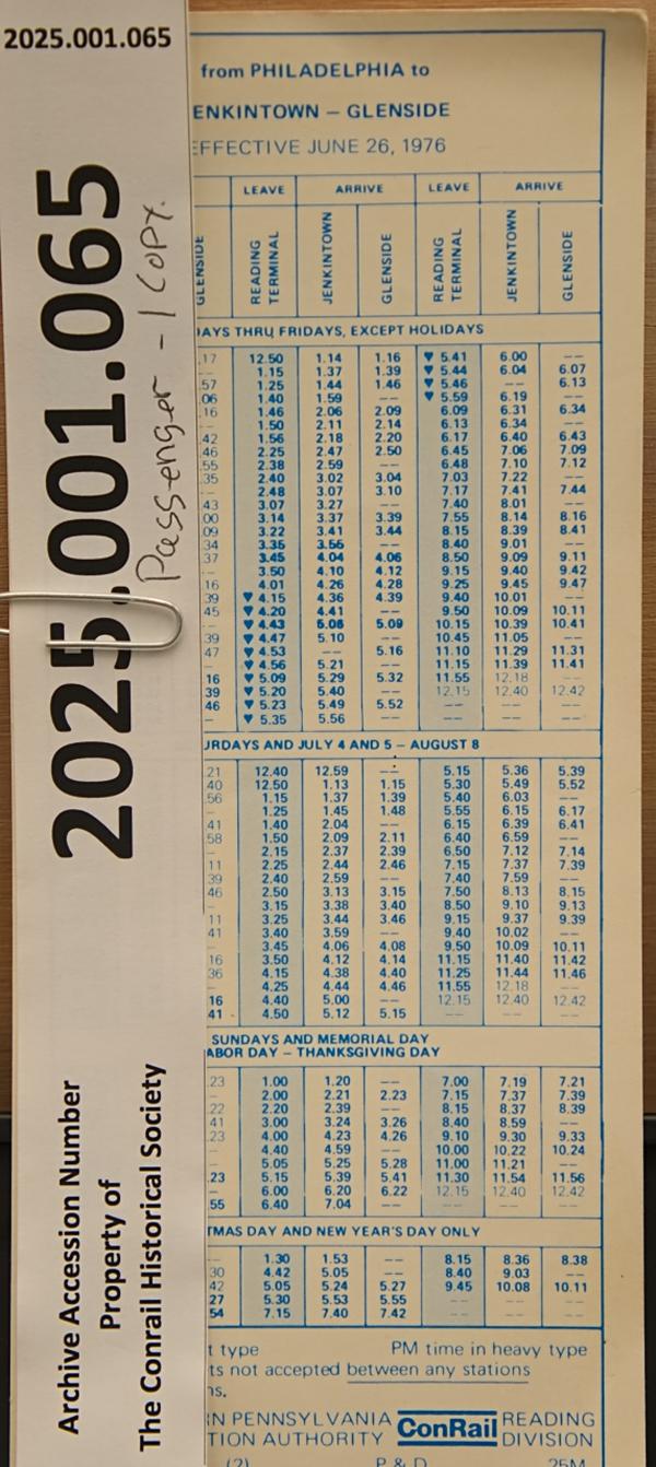 CR passenger schedule ex-RDG Jenkintown/Glenside lines 1976-06-01