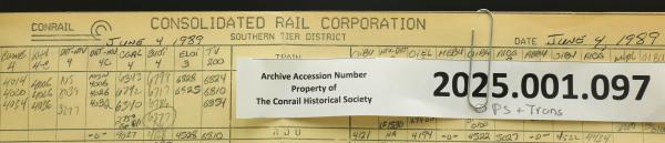 Southern Tier train dispatcher sheet, 1989-06-04