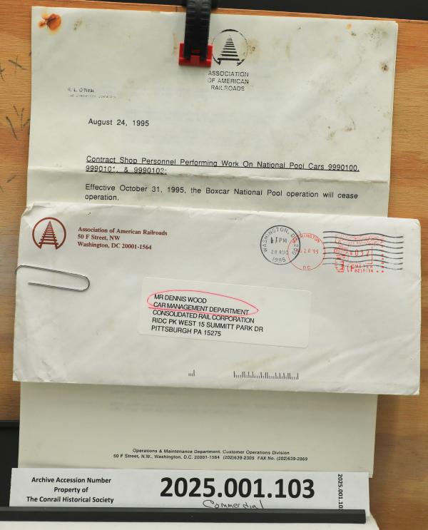 AAR letter to Dennis Wood, Car Management Dept., re ceasing of national boxcar pool operation, 1995-08-24