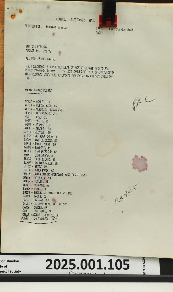 Revised List of Active Demand Points for Boxcars Pools, 1993-08-16