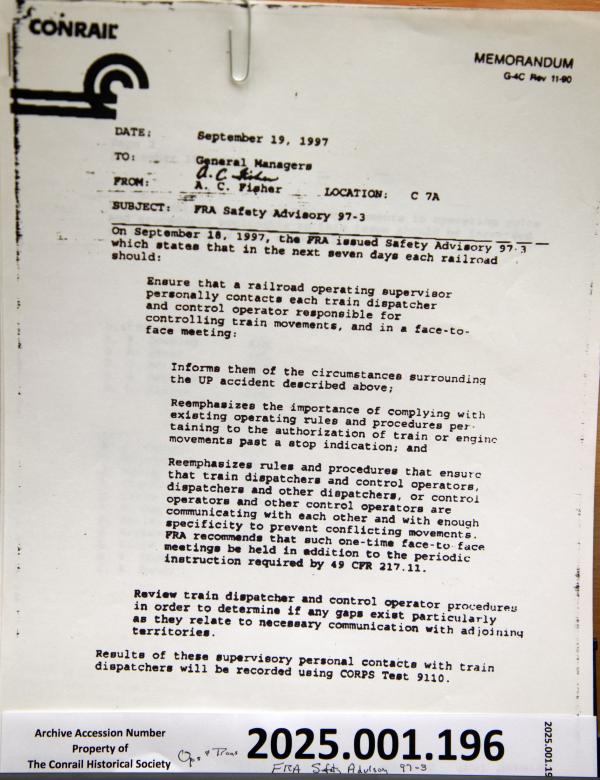 Safety Advisory Concerning Incident in Sept. 1993, #97-3