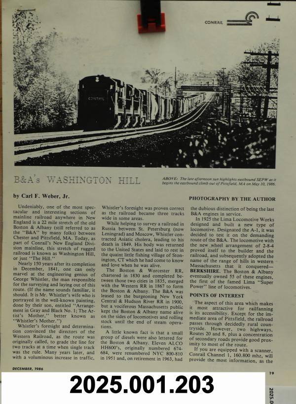 Railpace article on Conrail B&A Washington Hill (Mass.)