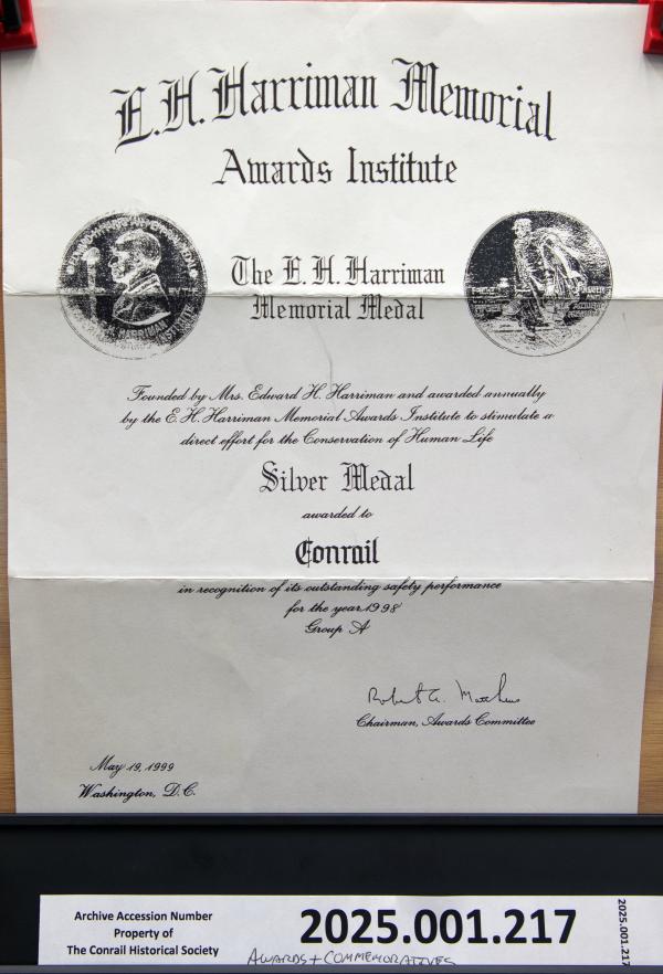 E.H. Harriman Memorial Silver Medal Certificate awarded to CR, 1999-05-19