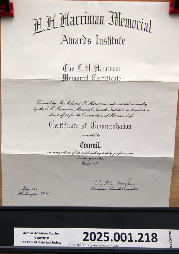E.H. Harriman Memorial Certificate of Commendation to CR, May 1999