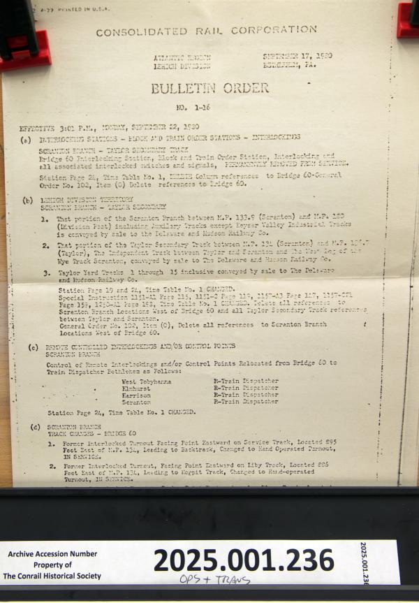 Bulletin Order #1-16, Atlantic Reg., Lehigh Division. Bethlehem PA
