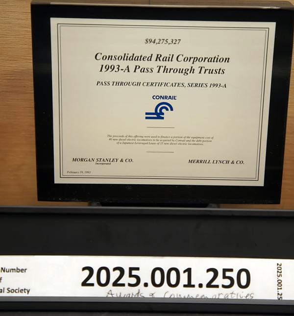 Consolidated Rail Corporation 1993-A Pass Through Trusts lucite-encased announcement of financing by Morgan Stanley