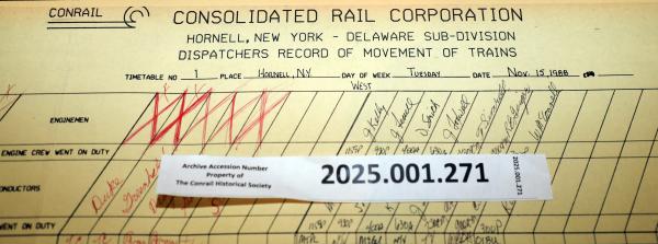 Hornell Train Dispatcher Sheet Delaware Subdivision 1988-11-15