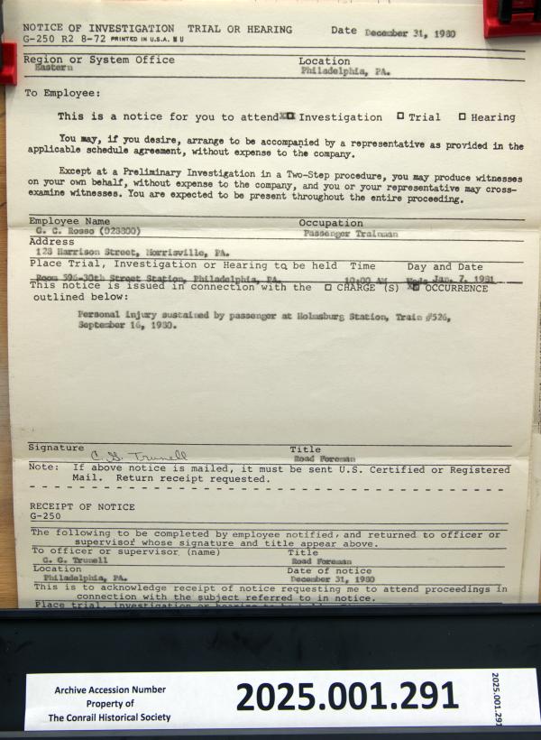 Notice of Investigation, Commuter Operation Philadelphia, 1980-12-31