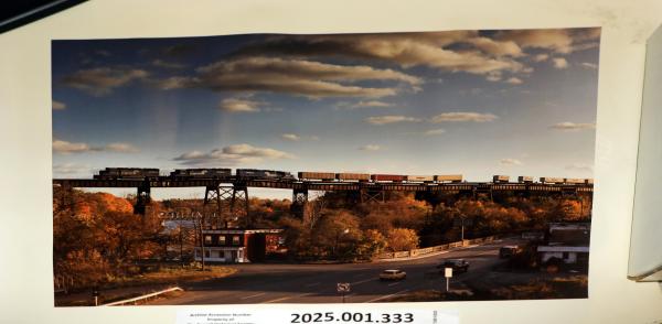 Photo Intermodal Train on high trestle on River Line, Kingston NY