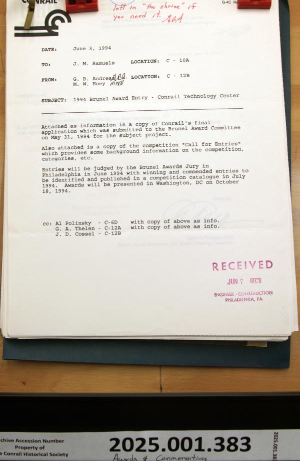 Conrail Technology Center, Correspondence & documents related to 1994 Brunel Award