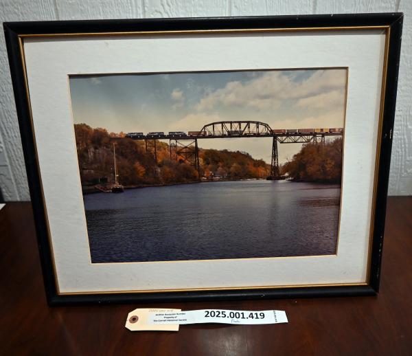 Framed color photo (no glass) of merchandise train on bridge between Kingston NY and Croxton NJ 1985