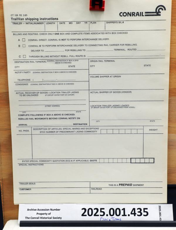 TrailVan shipping instructions, form CT 108, R2, 1985-02-01
