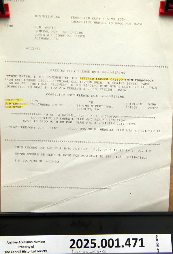 Movement of ex-CR 8690 to RBMN, 1993-04-05