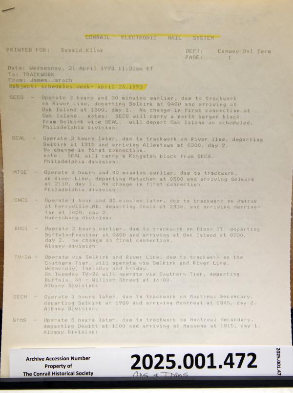 Trackwork schedules for week of April 26, 1993